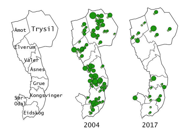 Sauebruk i Hedmark som har mottatt produksjonsstøtte 2004-2017